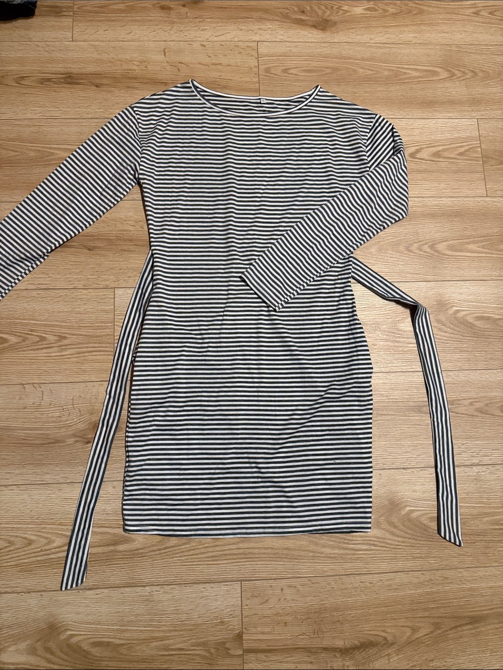 Striped Long Sleeve Tie-Waist Dress - Charcoal Grey & White